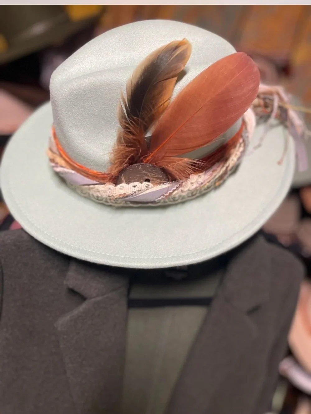 Forever 21 Mint Fedora with Orange Feather Accents